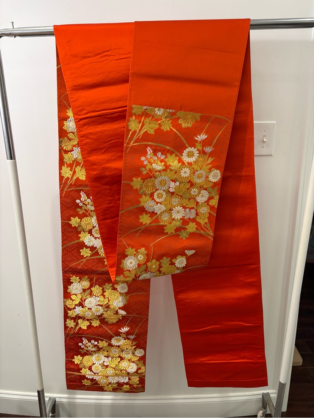 Japanese Orange Silk Fukuro Obi Scarf with Gold Floral Embroidery